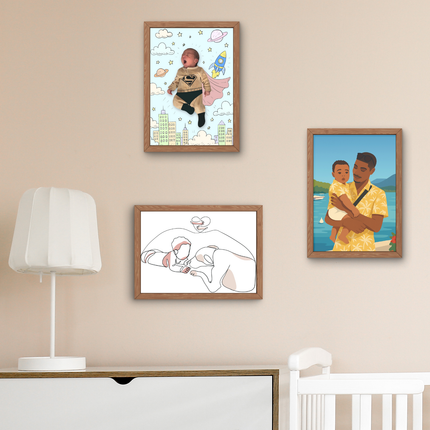 Dessin sur photo bébé, Illustration portrait de famille, dessin à une ligne minimaliste avec couleur