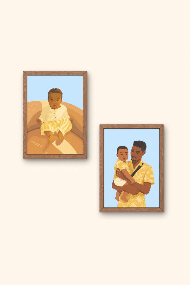 portrait famille en couleurs, illustration personnalisée avec vêtements, portrait coloré style moderne, dessin famille coloré personnalisé, illustration couple en couleurs