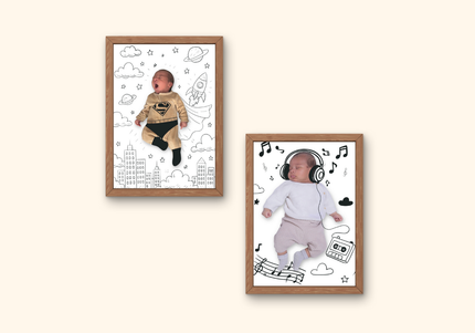 illustration bébé sur photo, portrait bébé décor illustré, dessin personnalisé photo bébé, souvenir naissance illustré, décor magique sur photo de bébé
