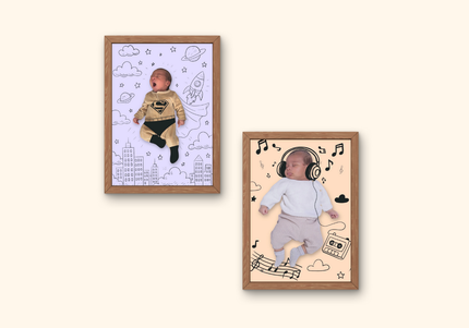 illustration bébé sur photo, portrait bébé décor illustré, dessin personnalisé photo bébé, souvenir naissance illustré, décor magique sur photo de bébé
