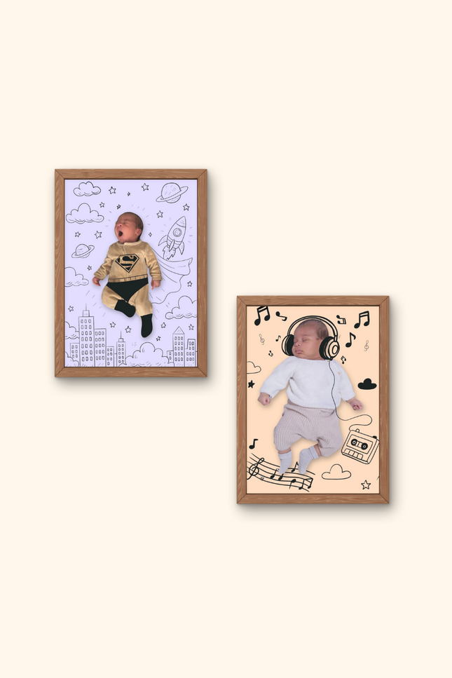 illustration bébé sur photo, portrait bébé décor illustré, dessin personnalisé photo bébé, souvenir naissance illustré, décor magique sur photo de bébé
