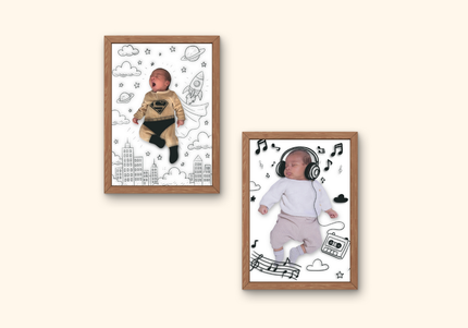 illustration bébé sur photo, portrait bébé décor illustré, dessin personnalisé photo bébé, souvenir naissance illustré, décor magique sur photo de bébé
