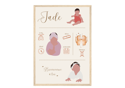 Illustration personnalisée de fiche de naissance bébé avec prénom et informations de naissance