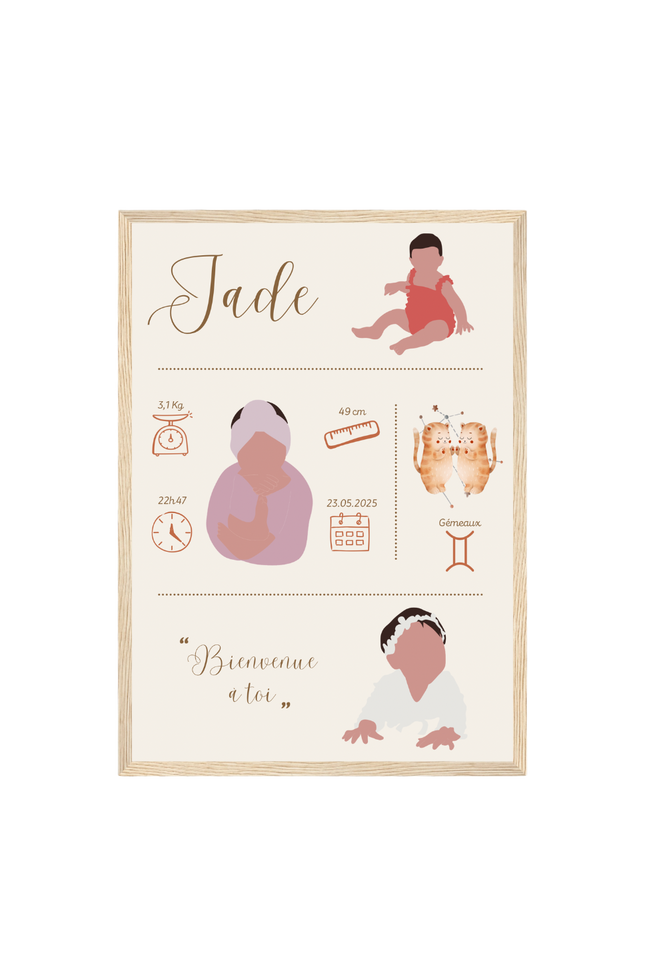 Illustration personnalisée de fiche de naissance bébé avec prénom et informations de naissance