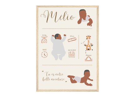 Affiche de naissance personnalisée illustrée pour chambre de bébé