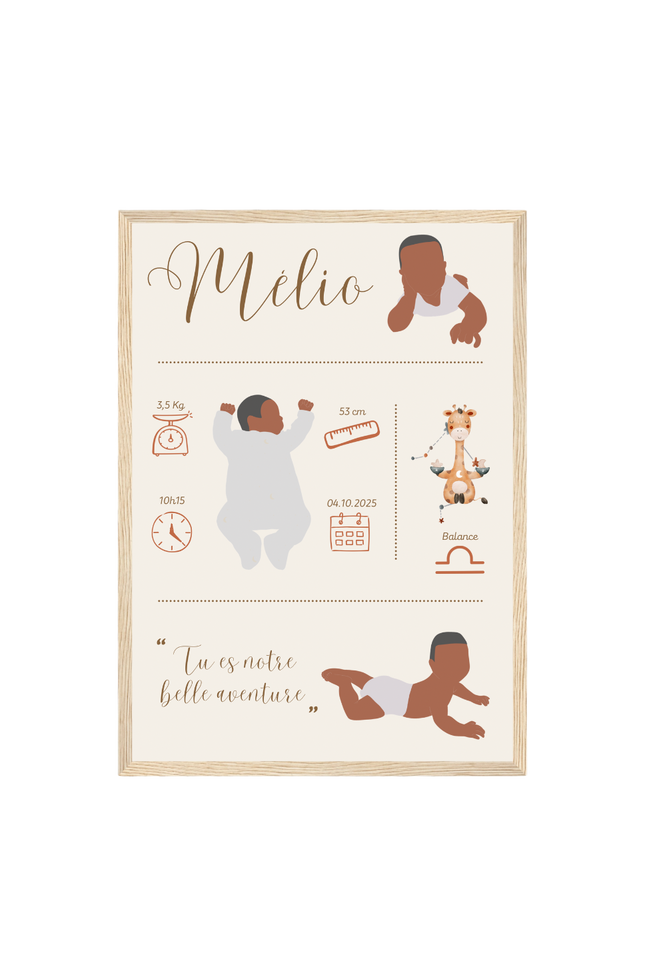 Affiche de naissance personnalisée illustrée pour chambre de bébé