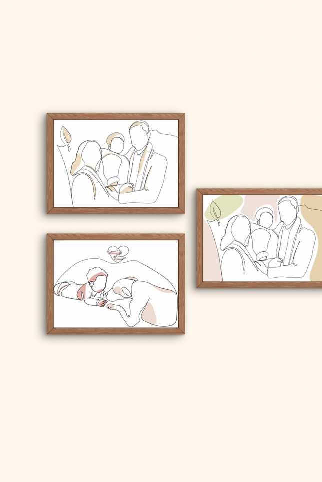 portrait famille ligne continue, illustration minimaliste personnalisée, dessin en un trait couple, portrait parent enfant minimaliste, souvenir personnalisé en illustration avec forme artistique