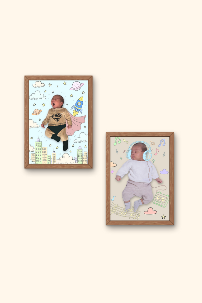 illustration bébé sur photo, portrait bébé décor illustré, dessin personnalisé photo bébé, souvenir naissance illustré, décor magique sur photo de bébé
