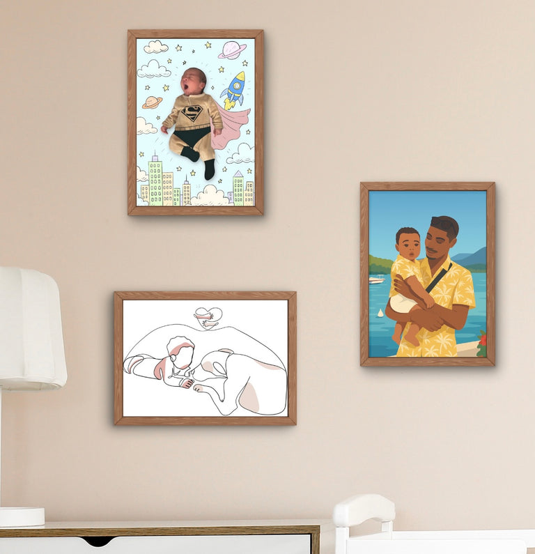 Dessin sur photo bébé original couleur, illustration personnalisé portrait de famille, dessin à un trait minimaliste personnalisé