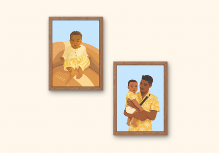 portrait famille en couleurs, illustration personnalisée avec vêtements, portrait coloré style moderne, dessin famille coloré personnalisé, illustration couple en couleurs