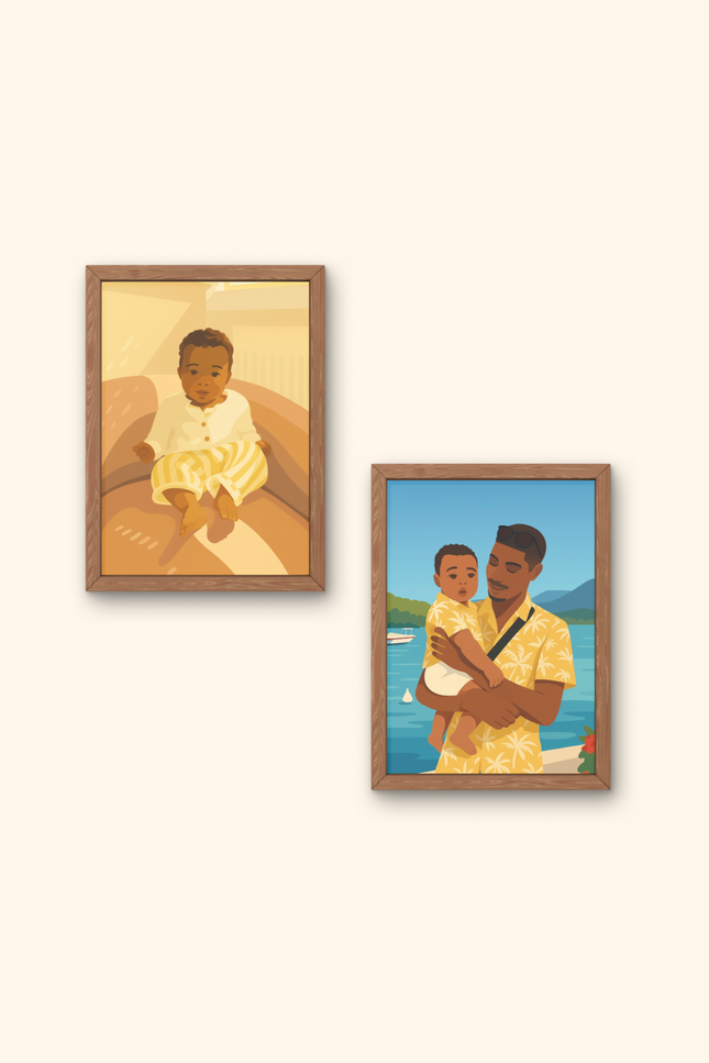 portrait famille en couleurs, illustration personnalisée avec vêtements, portrait coloré style moderne, dessin famille coloré personnalisé, illustration couple en couleurs