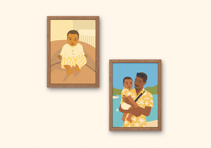 portrait famille en couleurs, illustration personnalisée avec vêtements, portrait coloré style moderne, dessin famille coloré personnalisé, illustration couple en couleurs