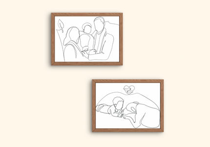 portrait famille ligne continue, illustration minimaliste personnalisée, dessin en un trait couple, portrait parent enfant minimaliste, souvenir personnalisé en illustration
