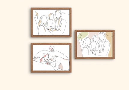 portrait famille ligne continue, illustration minimaliste personnalisée, dessin en un trait couple, portrait parent enfant minimaliste, souvenir personnalisé en illustration avec forme artistique