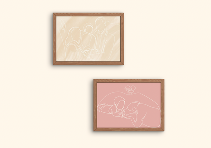 portrait famille ligne continue, illustration minimaliste personnalisée, dessin en un trait couple, portrait parent enfant minimaliste, souvenir personnalisé en illustration avec fond de couleur, dessin souvenir avec animal