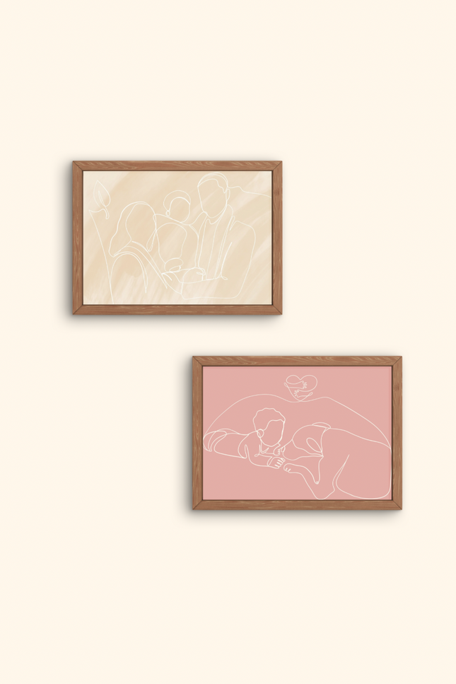 portrait famille ligne continue, illustration minimaliste personnalisée, dessin en un trait couple, portrait parent enfant minimaliste, souvenir personnalisé en illustration avec fond de couleur, dessin souvenir avec animal