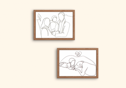 portrait famille ligne continue, illustration minimaliste personnalisée, dessin en un trait couple, portrait parent enfant minimaliste, souvenir personnalisé en illustration avec couleur, dessin en un trait souvenir avec animal
